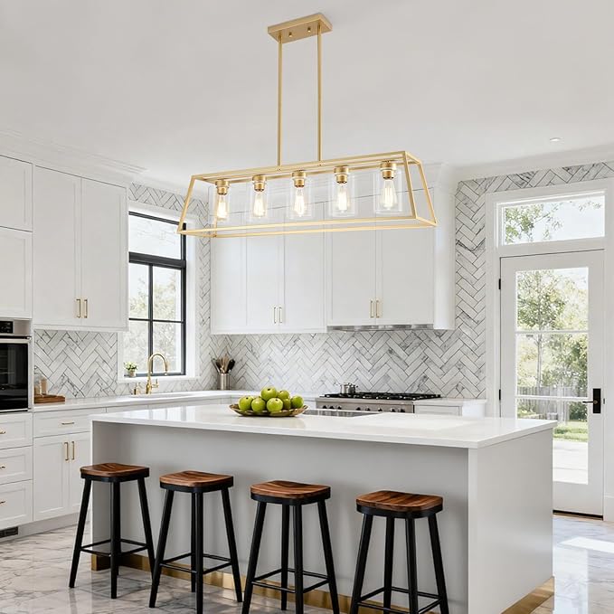 5-Light Gold Chandeliers for Dining Room | Modern Kitchen Island Light Fixture | Rectangle Chandelier for with Clear Glass Shade | Apply to Dining Room Light fixtures Over Table