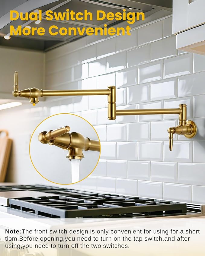 Pot Filler Faucet Brushed Gold: Solid Brass Wall Mount Heavy Duty Stove Pot Filler with Double Joint Swing Arms - Single Hole Commercial Folding Stretchable Faucet 2 Handles for Kitchen Restaurant