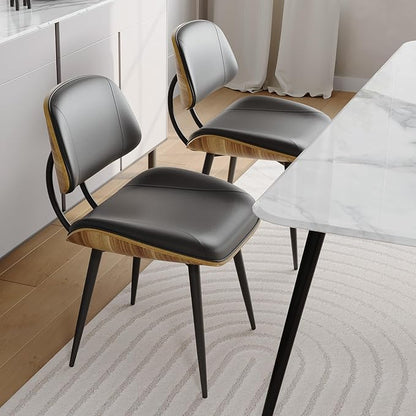 Mid Century Modern Dining Chairs Set of 2, PU Leather Armless Kitchen Chairs with Walnut Bentwood Back & Metal Legs, Sturdy Retro Accent Chairs for Dining Room, Living Room, Black