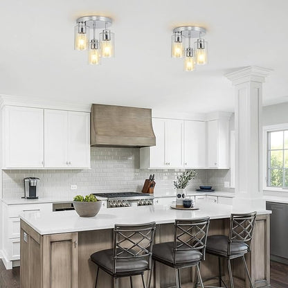 Semi Flush Mount Ceiling Light Fixture Chrome Flush Mount Ceiling Light with Seeded Glass Shades, 3-Light Modern Ceiling Light for Hallway Entryway Kitchen Island Bedroom