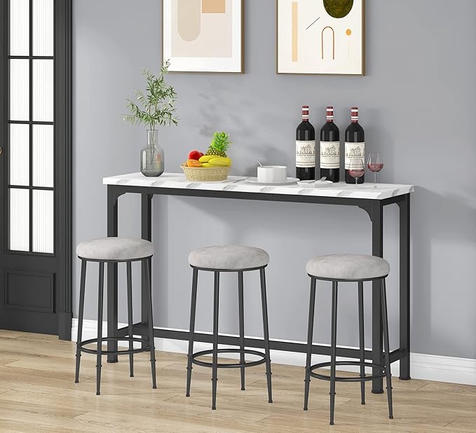 HOMYSHOPY Bar Table Set for 3, 4 Piece Console Table with 3 Stools, Counter Height Kitchen Table Set with 3 Chairs for Breakfast Nook, Living Room and Apartment (White & Black)