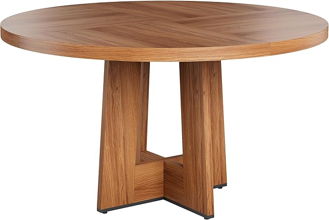 Garvee 47" Round Dining Table for 4-6 People - Circle Kitchen Dinner Table with Sturdy Pedestal Base, Space Saving Dinning Room Furniture for Living Room, Kitchen, Apartment, Light Walnut