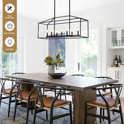 Dining Room Chandelier,7 Light Kitchen Island Light Modern Farmhouse Chandeliers Contemporary Pendant Light Matte Black Finish Rectangle Modern Pendant Light Adjustable Height