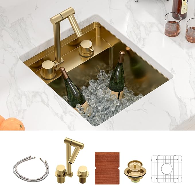 Sarlai Gold Undermount Bar Sink - 15x17 Inch Outdoor Kitchen Sink RV Workstation Gold 16 Gauge Stainless Steel Single Bowl Handmade Outdoor BBQ Sinks With Foldable Faucet