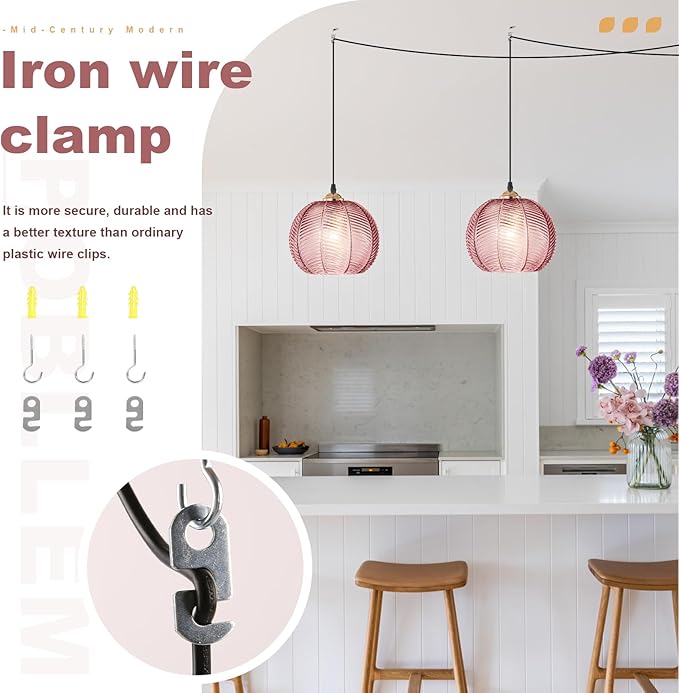 Hanging Lamp Pink Chandeleir Plug in Hanging Light Fixture with Cord Ribbed Glass Hanging Pendant Light Plug in Vintage Hanging Swag Lamps for Living Room Kitchen Dining Room Girls Bedroom