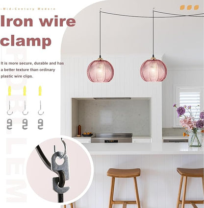 Hanging Lamp Pink Chandeleir Plug in Hanging Light Fixture with Cord Ribbed Glass Hanging Pendant Light Plug in Vintage Hanging Swag Lamps for Living Room Kitchen Dining Room Girls Bedroom