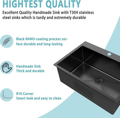 25x22 Inch Black Stainless Steel Kitchen Sink - Single Bowl Topmount Drop-In, 18 Gauge with Bottom Grid & Drain Strainer
