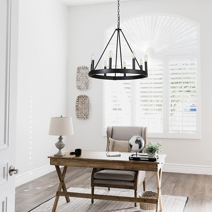 8 Lights Farmhouse Wagon Wheel Chandelier, D24" Black Round Chandeliers for Dining Room, Modern Industrial Kitchen Island Pendant Light Fixtures for Foyer Living Room Entryway Bedroom, E12 Socket