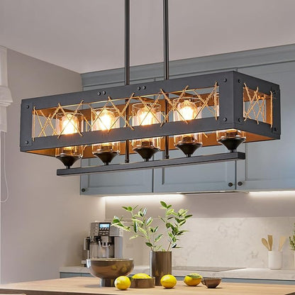 Black 5-Light Farmhouse Chandelier, Adjustable Rustic Kitchen Island Light Fixture for Dining Room and Kitchen Table