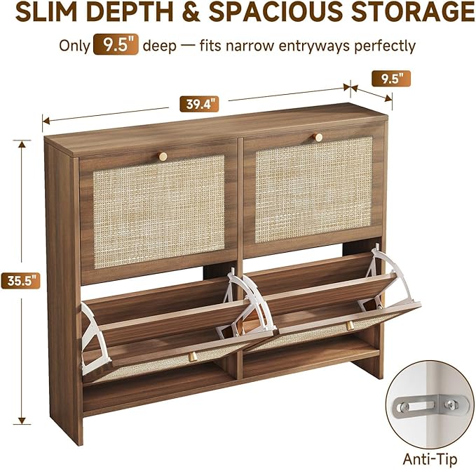 Nicetree Shoe Cabinet Storage for Entryway, 4-Flip Drawer Narrow Shoe Rack, Organic Modern Rattan Shoe Organizer with Gold Legs, Shoe Organizer Fits Men's Size 13.5, Toasted Caramel Walnut