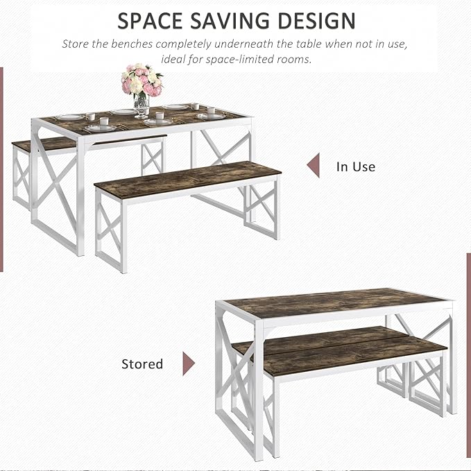 VECELO Kitchen Dining Table Benches Set for 4/6, 55" Wooden Dinette with 2 Benches, Large Embedded Desktop for Small Space, Breakfast Nook, Dark Brown