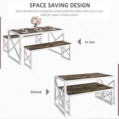 VECELO Kitchen Dining Table Benches Set for 4/6, 55" Wooden Dinette with 2 Benches, Large Embedded Desktop for Small Space, Breakfast Nook, Dark Brown