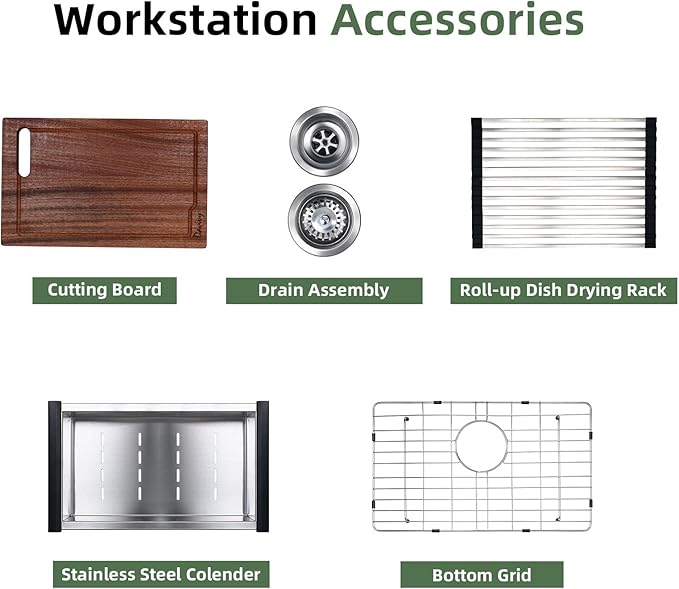Davivy 25 Inch Black Granite Composite Kitchen Sink Workstation, Quartz Kitchen Sink Black, Drop in & Undermount Installation, Single Bowl Design with Accessories