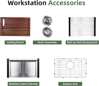 Davivy 25 Inch Black Granite Composite Kitchen Sink Workstation, Quartz Kitchen Sink Black, Drop in & Undermount Installation, Single Bowl Design with Accessories