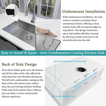 30 Inch Undermount Kitchen Sink - Delironexu 16G Stainless Steel Undermount Sink, 30''x18'' Deep Single Bowl Kitchen Sinks with 4 Accessories