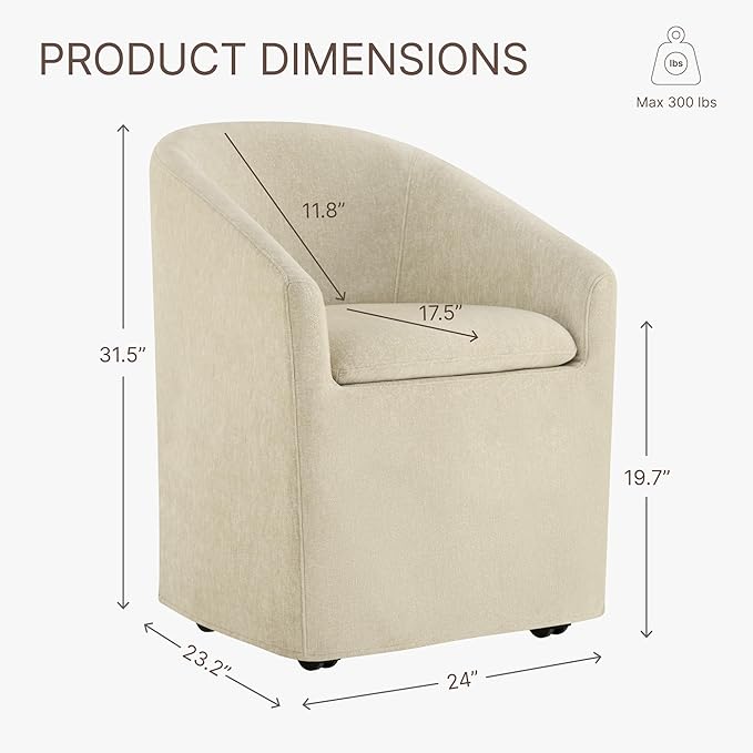 KISLOT Upholstered Dining Chairs Set of 1 with Casters, Modern Side Barrel Armchair with Washable Slipcover & Sturdy Metal Frame for Diningroom Bedroom Livingroom Reading Room, Sand Fabric