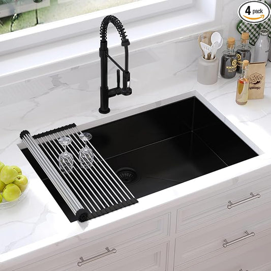 Darker Black 32x19 Inch Undermount Kitchen Sink - CELAENO Modern 16 Gauge Extremely Durable Single Bowl Stainless Steel Sink with Anti-scratches Nano Surface