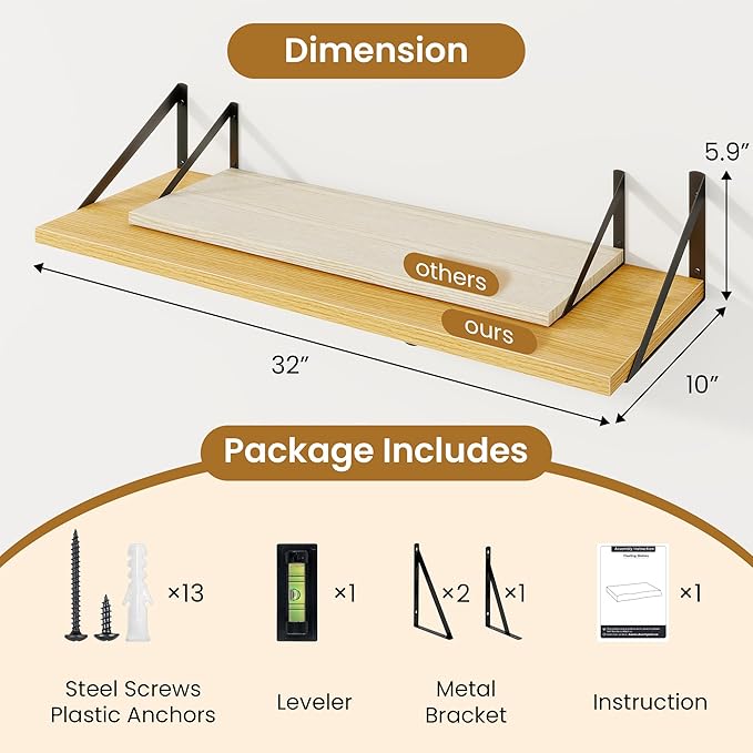 Acovy Floating Shelf for Wall,32" WX10 D Wood Floating Shelves with Sturdy Metal Bracket Set of 2,Wall Mounted Hanging Shelf for Bathroom,Bedroom,Kitchen,Oak