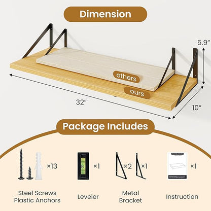 Acovy Floating Shelf for Wall,32" WX10 D Wood Floating Shelves with Sturdy Metal Bracket Set of 2,Wall Mounted Hanging Shelf for Bathroom,Bedroom,Kitchen,Oak
