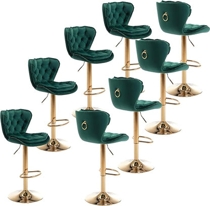 Rhomtree 24-33 Inch Swivel Bar Stools, Adjustable Counter Height Barstools, Velvet Back and Golden Footrest, Bar Chairs for Kitchen Island, Cafe, Bar, Bar Counter, Dining Room, Coffee(Green Set of 8)