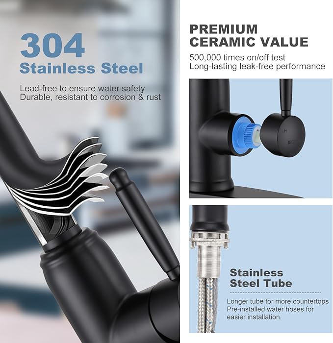 WOWOW Black Kitchen Faucet with Sprayer: 304 Stainless Steel Kitchen Sink Faucet for 1 or 3 Hole, High Arc Single Handle Mixer Taps with Deck Plate, Vintage Style