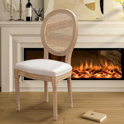 SoarFlash French Dining Chairs Set of 4, Vantage Linen Dining Chair with Round Back, Farmhouse Country Rattan Dining Chair for Living Room,Kitchen,Bedroom,Beige