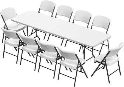 Elevon Folding Table Set with 10 White Folding Chairs,8 Feet Heavy Duty Fold-in-Half Utility Table Sets for Picnic, Event, Training, Outdoor Activities, at Home and Commercial Use