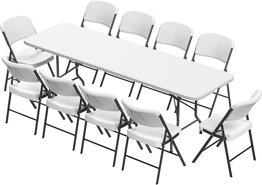 Elevon Folding Table Set with 10 White Folding Chairs,8 Feet Heavy Duty Fold-in-Half Utility Table Sets for Picnic, Event, Training, Outdoor Activities, at Home and Commercial Use