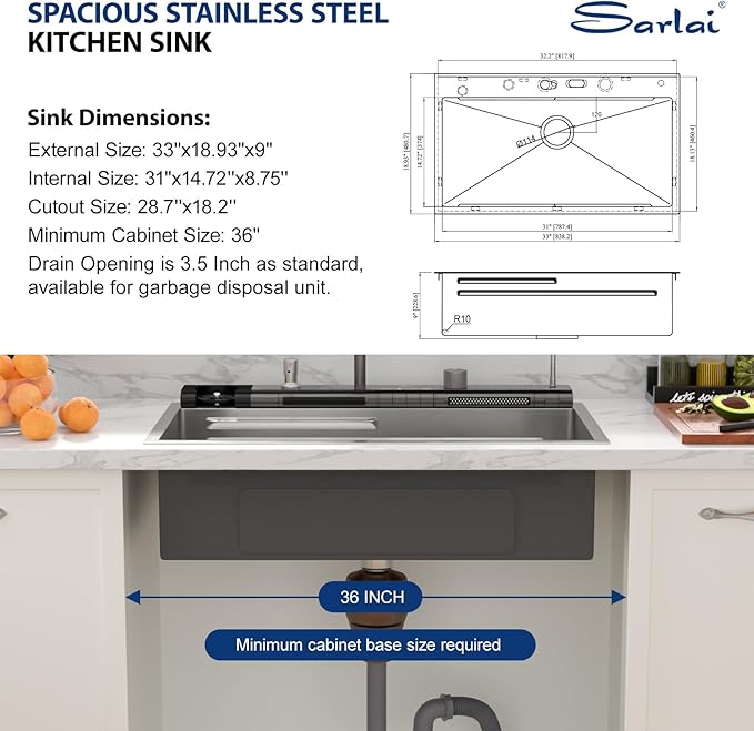 Sarlai Waterfall Kitchen Sink 33 Inch - Drop In Kitchen Sink 33x19 Inch Workstation Waterfall Smart Sinks Single Bowl 16 Gauge Stainless Steel Multifunction Topmount Sinks Basin with Faucet Combo