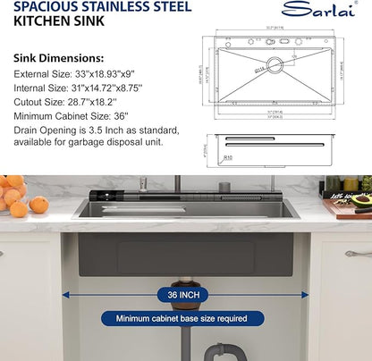 Sarlai Waterfall Kitchen Sink 33 Inch - Drop In Kitchen Sink 33x19 Inch Workstation Waterfall Smart Sinks Single Bowl 16 Gauge Stainless Steel Multifunction Topmount Sinks Basin with Faucet Combo