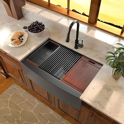 Sarlai 33 Farmhouse Sink Black Stainless Steel - 33 Inch Apron Front Kitchen Sink Ledge Workstation Gunmetal Black 16 Gauge Stainless Steel Deep Single Bowl Farm Sinks