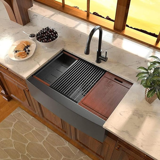 Sarlai 33 Farmhouse Sink Black Stainless Steel - 33 Inch Apron Front Kitchen Sink Ledge Workstation Gunmetal Black 16 Gauge Stainless Steel Deep Single Bowl Farm Sinks