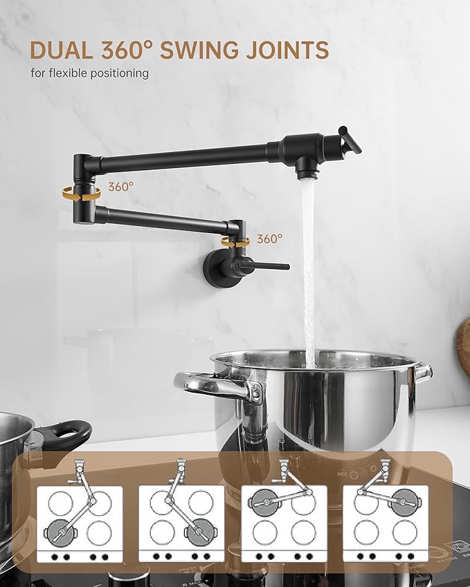 Fransiton Pot Filler, Matte Black Pot Filler Faucet Wall Mount, Brass Folding Stretchable with Double Joint Swing Arm Single Hole Two Handles Kitchen