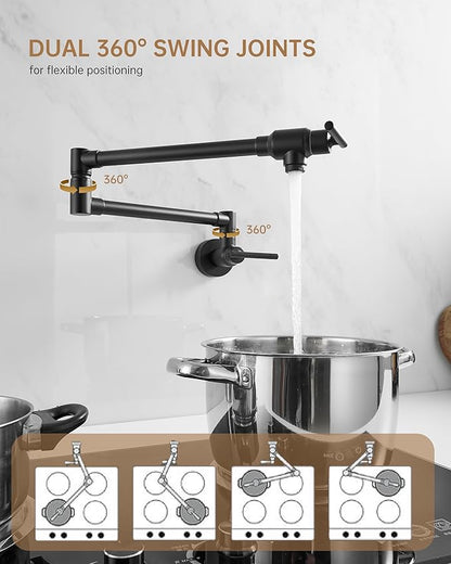 Fransiton Pot Filler, Matte Black Pot Filler Faucet Wall Mount, Brass Folding Stretchable with Double Joint Swing Arm Single Hole Two Handles Kitchen