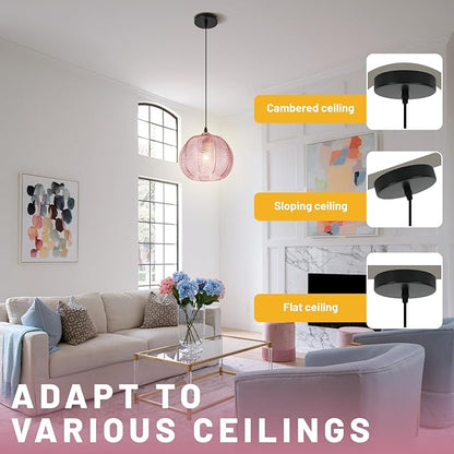 Pink Hanging Pendant Lighting, Vintage Modern Hanging Light Glass Chandelier Adjustable Ceiling Pendant Light for Living Room Dressing Room, Vanity, Girls Room