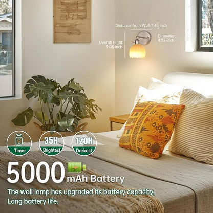 Shenmoyl Vintage 5000 mAh Battery Operated Wall Sconce with Cream Tulip Glass Lampshade Rechargeable Battery Powered Wall Light with Remote Control for Bedroom Doorway, Set of 2