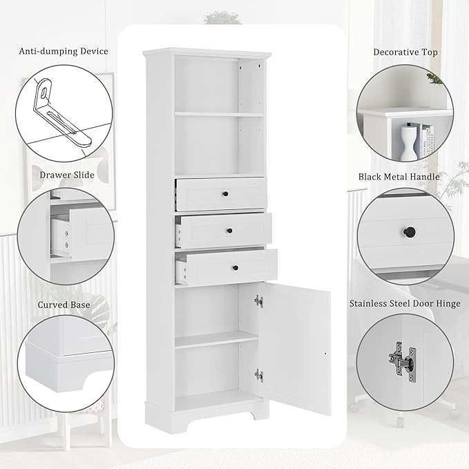 67" H Storage Cabinet with Drawers and Door, Tall Bookshelf Space Saver for Bathroom or Kitchen, Adjustable Shelf, White