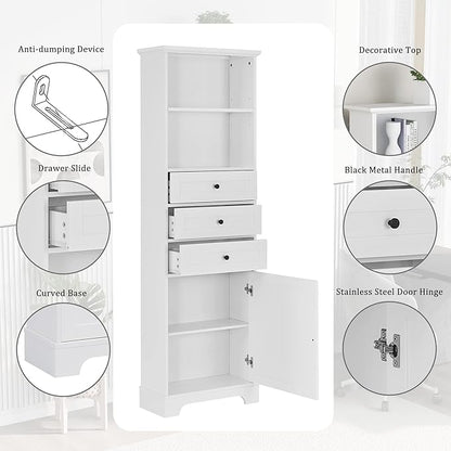 67" H Storage Cabinet with Drawers and Door, Tall Bookshelf Space Saver for Bathroom or Kitchen, Adjustable Shelf, White
