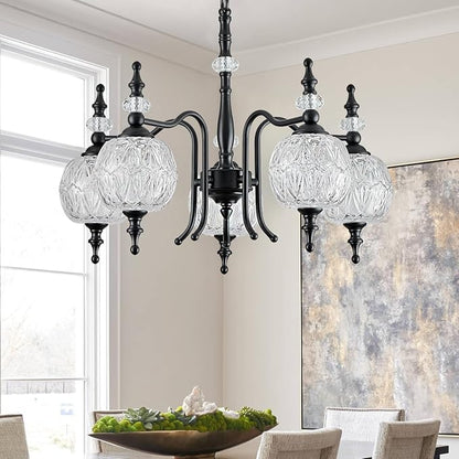 Chandeliers Modern 5-Light Chandelier Black Kitchen Island Pendant Light Fixtures Finish with Crystal Glass Shade for Kitchen Island Living Room