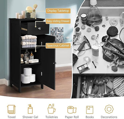 Bathroom Floor Cabinet, Freestanding Side Floor Storage Cabinet, 1 Large Drawer and 2 Adjustable Shelves, Modern Storage Cabinet Bathroom Storage Cabinet for Narrow Space (Black)