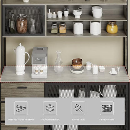AGOTENI Large Kitchen Hutch Cabinet, Storage Cupboard Pantry with 3 Metal Doors, 3 Drawers & Microwave Shelf, for Kitchen Open Storage, Walnut (59" W x 15.7" D x 68.5" H)