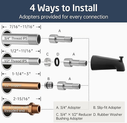 KES Leakproof All Metal Tub Spout with Diverter, 5-3/8" Bathtub Faucet Replacement with 18/8 Stainless Steel Extension Nipple, Universal Fit 3/4″, 1/2″ IPS & 1/2″ Copper Pipe, Matte Black, PTSN301-BK