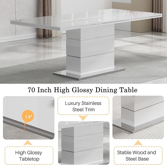70" White Dining Table for 4 6, Modern Glossy Kitchen Table with 1.5" Thick Lacquered Tabletop and Silver Stainless Steel Trim, Luxury Rectangular Dinner Tables for Dining Room