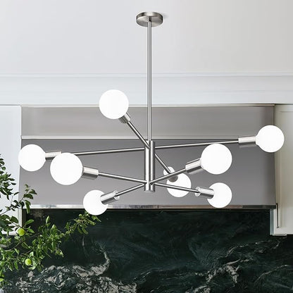 Sputnik Chandeliers Dining Room Light Fixture (8-Light, 30-Inch), Modern Brushed Nickel Chandelier, Height Adjustable Mid Century Modern Chandeliers for Dining Room Kitchen Island (Bulbs Not Included)