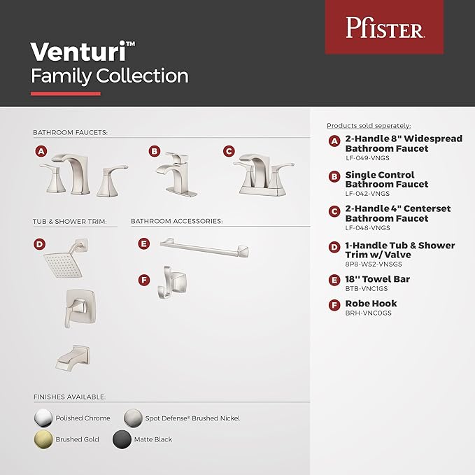 Pfister Venturi 8 in Widespread 3 Hole Bathroom Sink Faucet with Push & Seal Drain, Spot Defense Brushed Nickel Finish, 2 Handle Vanity Faucet for Sink LF049VNGS
