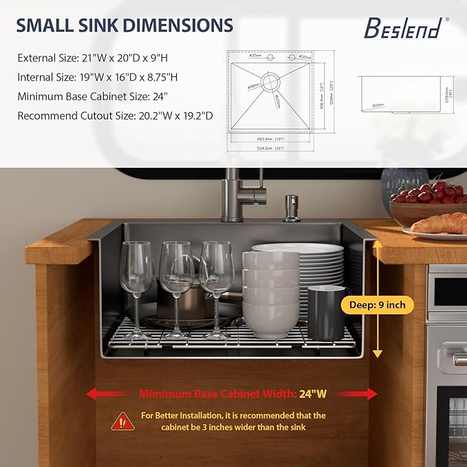21 Inch Drop In RV Bar Sink - Beslend 21x20x9 Gunmetal Black Topmount Sink for RV Camper, Outdoor Kitchen Sink Black Stainless Steel Wet Bar with Roll-up Rack, Drain Assembly & Rinse Grid