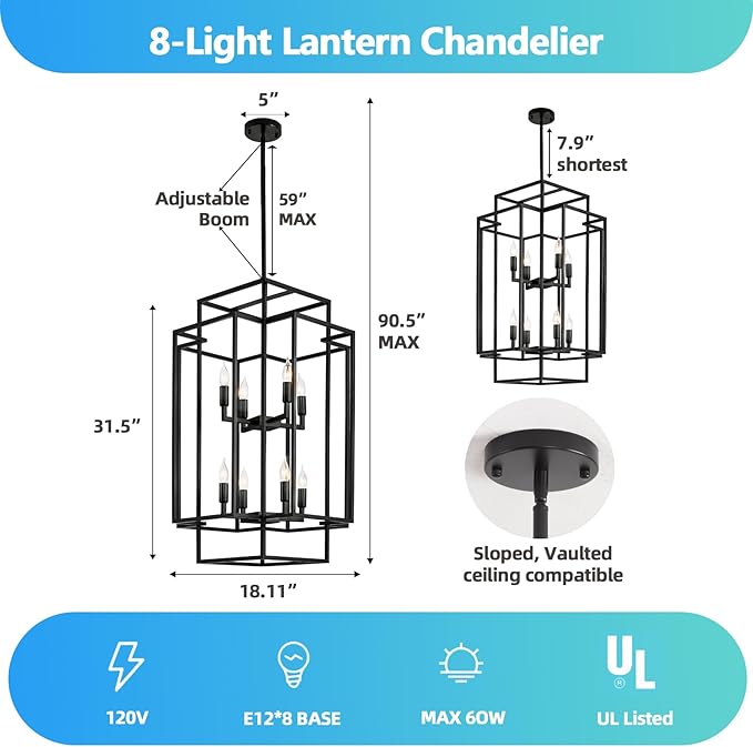 8-Light Tiered Lantern Pendant Light, Black Farmhouse Chandelier, Large Chandeliers for High Ceilings, Modern Foyer Lighting Fixtures, for Dining Room, Living Room, Entryway Staircase
