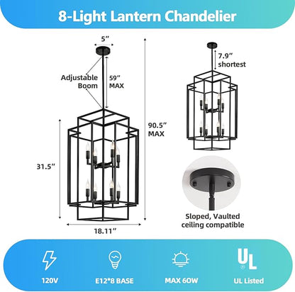 8-Light Tiered Lantern Pendant Light, Black Farmhouse Chandelier, Large Chandeliers for High Ceilings, Modern Foyer Lighting Fixtures, for Dining Room, Living Room, Entryway Staircase