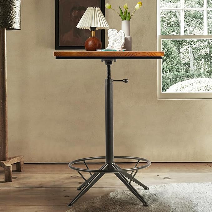Industrail Metal Frame Wood top Square Kitchen Dining Table,Adjustable 23.62"*23.62"* H30.31-34.43"