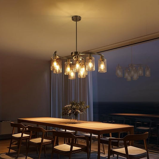 CNRATYE 9-Light Brushed Nickel Glass Chandelier, Adjustable Height Hanging Industrial Dining Room Chandelier Over Table, Modern Farmhouse Chandelier for Kitchen Island Living Room Entryway Bedroom
